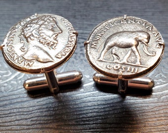 Ancient Roman Emperor Marcus Aurelius & Elephant Denarius Coin Cufflinks + Gift Box!