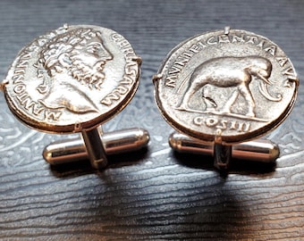 Ancient Roman Emperor Marcus Aurelius & Elephant Denarius Coin Cufflinks + Gift Box!