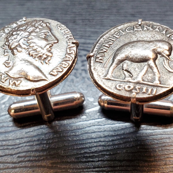 Ancient Roman Emperor Marcus Aurelius & Elephant Denarius Coin Cufflinks + Gift Box!