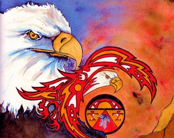 Thunderbird Totem With Mandala, Fine Art Print of watercolor painting by Laurel Fern, 8x10, matted for an 11x14 frame.