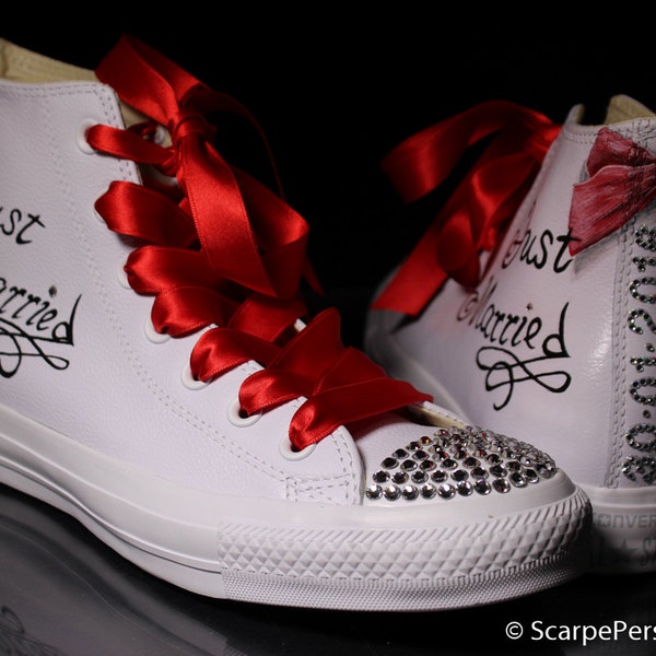 Scarpe Sposa Personalizzate Matrimonio sneakers converse dipinte a mano strass lacci raso rosso