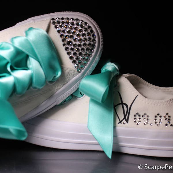 Scarpe Sposa Personalizzate Matrimonio sneakers basse converse dipinte a mano strass lacci raso tiffany