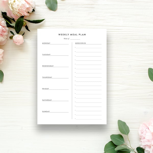 Weekly Meal Plan Notepad. Meal Planning. Modern Notepad. Writing Pad. Minimalist. Stationery. 5x7 Notepad. Black Text.