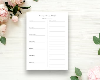 Weekly Meal Plan Notepad. Meal Planning. Modern Notepad. Writing Pad. Minimalist. Stationery. 5x7 Notepad. Black Text.