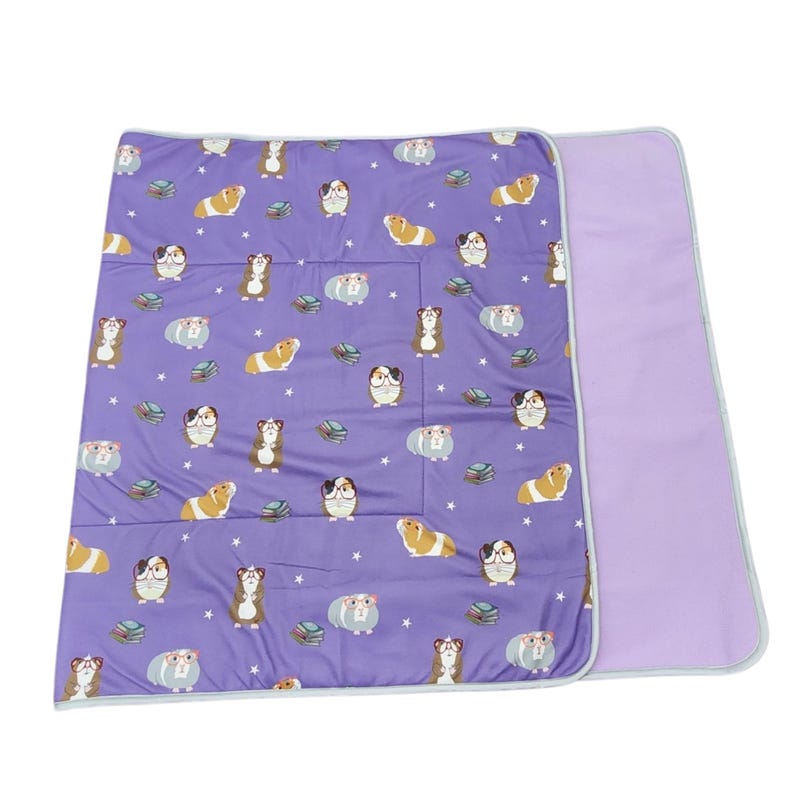 May include: A rectangular purple blanket featuring a repeating pattern of cartoon guinea pigs, some wearing glasses, interspersed with small stacks of books and white stars. The blanket has a solid light purple underside and light gray trim.