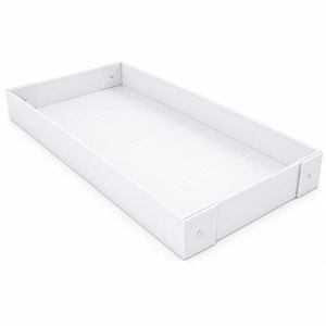 May include: A rectangular white tray with raised sides and a flat base. The tray features reinforced corner joints secured with visible circular metal fasteners at each corner, providing a clean and structured appearance for this storage item.