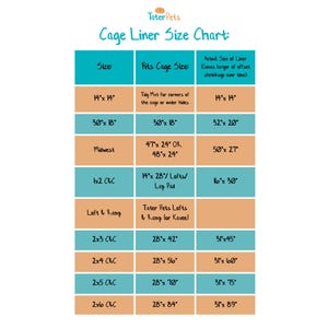 May include: A TaterPets cage liner size chart featuring a table with columns for size, cage fit, and actual liner dimensions in inches. The chart lists various configurations including 14x14, 30x18, Midwest, 1x2 C&C, Loft & Ramp, and 2x3 through 2x6 C&C sizes.
