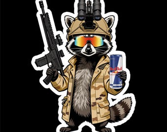 Tactical Trash Panda Raccoon with a Redbull (two decals 2.5") Sticker