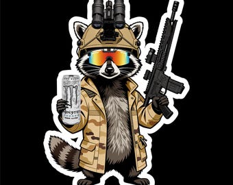 Tactical Trash Panda Raccoon with a White Monster (two decals 2.5") Sticker