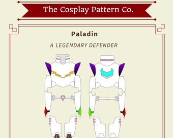 Può includere: Un modello stampabile per un costume da cosplay bianco e blu di un Paladino, un difensore leggendario. Il modello include un pezzo per il petto, pezzi per le gambe e pezzi per le braccia. Il testo "Get ready to pilot your Space Lion. Chest: 36, 38, 40, 42" è incluso nell'immagine.