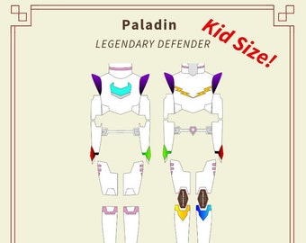 Può includere: Un'illustrazione digitale di un costume da paladino bianco con accenti colorati. Il costume è per un bambino e include un pezzo per il petto, pezzi per le gambe e un elmetto. Il testo "Kid Size!" e "Paladin" sono inclusi nell'immagine. Il testo "LEGENDARY DEFENDER" è anche incluso nell'immagine.
