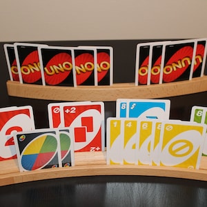 Porta-cartões PREMIUM Suporte para fotos versão de 2 fileiras em madeira de faia oleada. 35 cm de comprimento. Fabricado na ALEMANHA, organize convenientemente até 20 cartões!