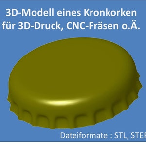 Puede incluir: Un modelo 3D de un tap&oacute;n de botella, adecuado para impresi&oacute;n 3D, fresado CNC u otras aplicaciones. El modelo se muestra en color dorado. Los formatos de archivo disponibles son STL, STEP e IGS.