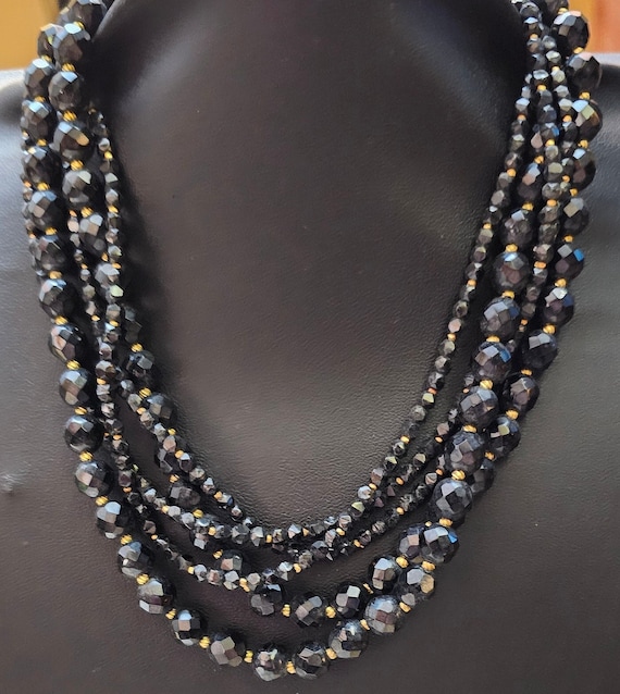 Vintage 5 Strand Black Glass beaded De Mario Neckl