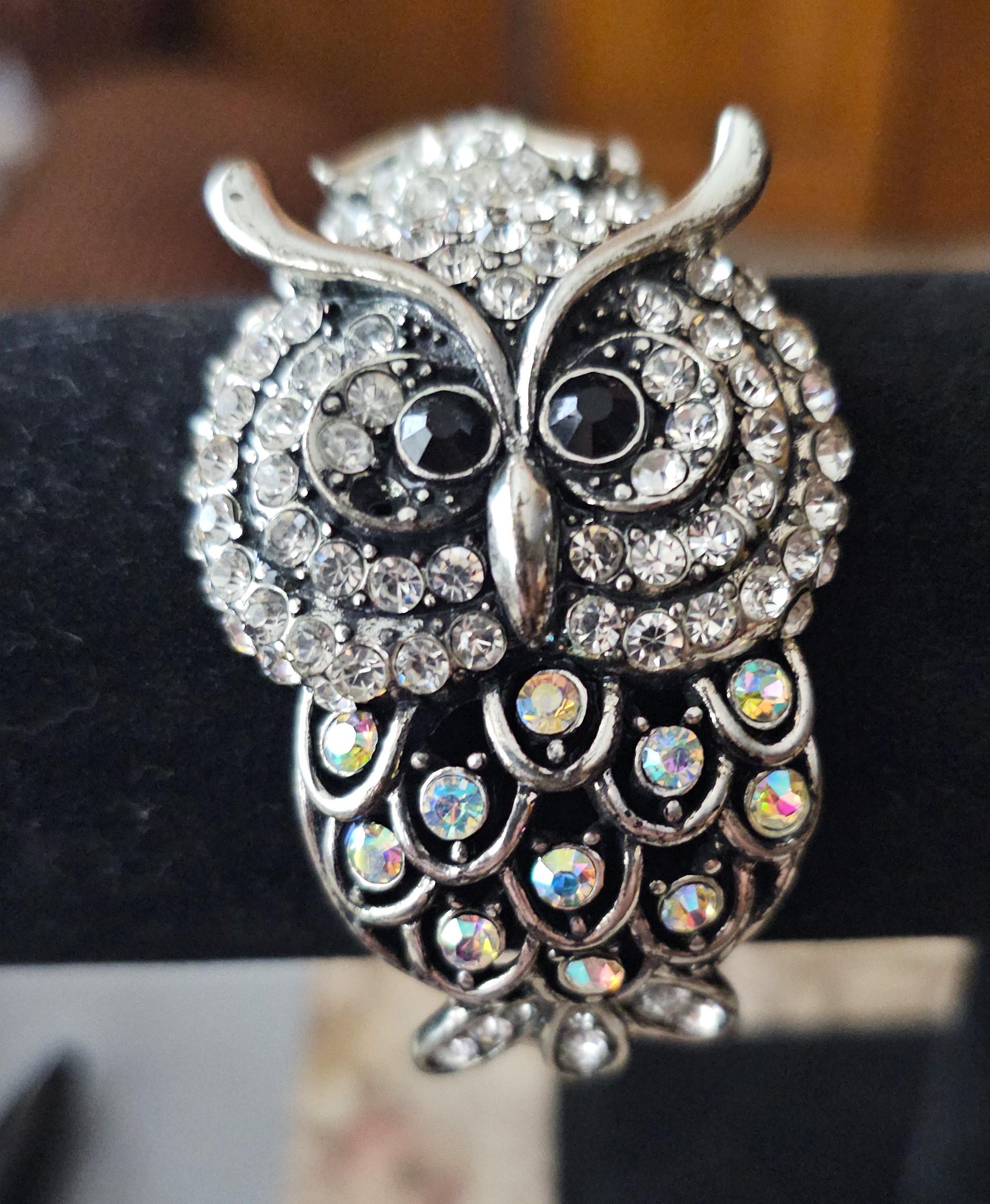 Vintage silver tone Rhinestone Owls clamp Bracelet  7"