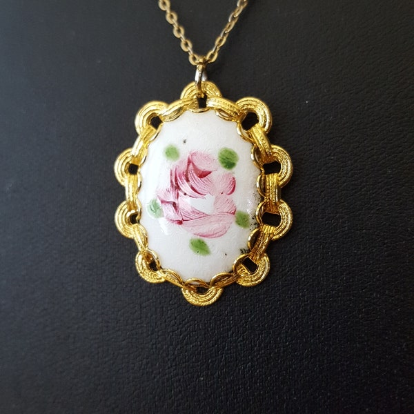Vintage white guilloche with pink flower pendant necklace