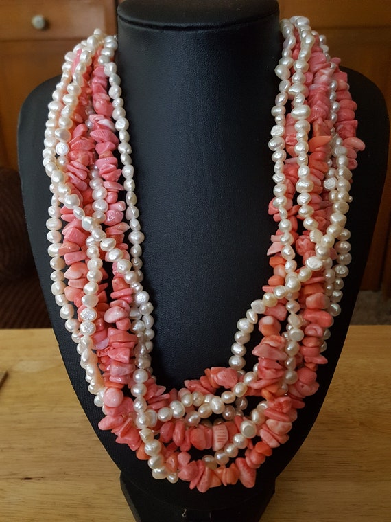 Vintage multi strand pearl and salmon pink coral n