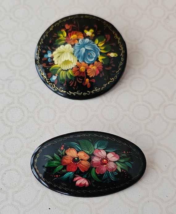 Vintage Lot 2 Black lacquer Russian Hand painted B