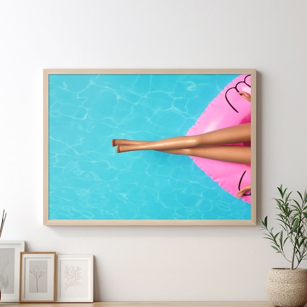 Doll Legs Pool House Party Print Pink Preppy Summer Coquette Wall Art Girly Poster Beach House Decor Teen Tween Y2K Room Dorm Framed Canvas