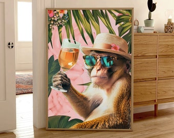 Monkey Cocktail Drink Print Funny Tropical Animal Preppy Poster Modern Maximalist Wall Art Girl Dorm Pink Room Decor Framed Bar Cart Canvas