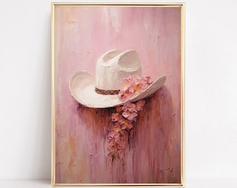 Cowgirl Hat Print Western Country Farmhouse Howdy Preppy Floral Pink Oil Painting Poster Boho Wall Art Decor Girly Room Prints Framed Canvas