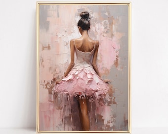 May include: A painting of a ballerina wearing a pink tutu and white bodice. The background is a textured pink and gray abstract design.