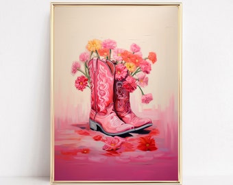 Floral Cowgirl Boots Print Howdy Western Country Farmhouse Oil Painting Poster Hot Pink Boho Wall Art Decor Girly Teen Room Framed Canvas