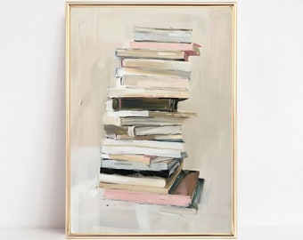 Stack of Books Print Bookish Reading Poster Cute Library Decor Girly Preppy Room Pastel Boho Wall Art Decor Book Lover Gift Framed Canvas