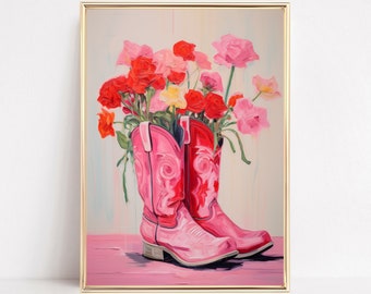 Floral Cowgirl Boots Print Western Country Farmhouse Painting Poster Hot Pink Watercolor Boho Wall Art Decor Girly Teen Room Framed Canvas