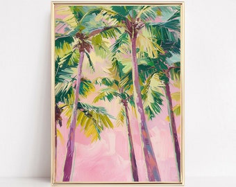 Palm Trees Print Coastal Tropical Hawaiian Preppy Poster Modern Maximalist Green Pink Wall Art Girl Dorm Beach House Room Decor Frame Canvas