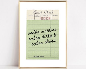 Vodka Dirty Martini Guest Check Print Typography Poster Girly Preppy Room Cocktail Bar Cart Decor Kitchen Wall Art Retro Dorm Framed Canvas