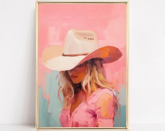 Blond Cowgirl Hat Print Howdy Preppy Pink Watercolor Western Country Farmhouse Painting Poster Boho Wall Art Decor Girly Room Framed Canvas