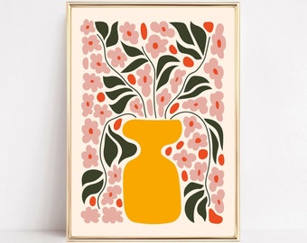 May include: A digital illustration of a yellow vase filled with pink and orange flowers. The vase and flowers are depicted in a stylised design.