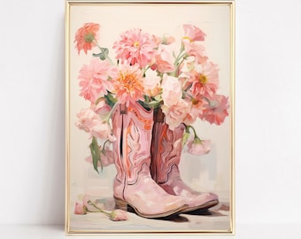 Pink Cowgirl Boots Print Coastal Decor Painting Poster Western Boho Wall Art Western Nursery Decor Girl Room Prints Framed or Canvas