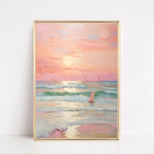 Pastel Sunset Print Blush Pink Coastal Beach Preppy Ocean Painting Poster Boho Wall Art Decor Girly Dorm Teen Room Prints Framed or Canvas