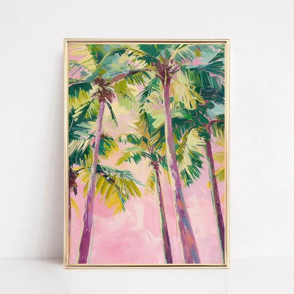 Palm Trees Print Coastal Tropical Hawaiian Preppy Poster Modern Maximalist Green Pink Wall Art Girl Dorm Beach House Room Decor Frame Canvas