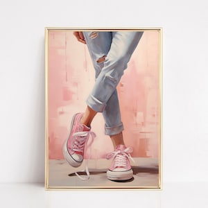 Zapatillas Converse rosas con estampado de zapatos en tonos pastel, póster preppy, pintura de acuarela, arte de pared bohemio, decoración de habitación de patinadora adolescente, lienzo enmarcado