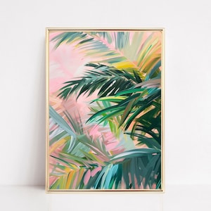 Feuilles de palmier tropical impression affiche preppy hawaïenne moderne maximaliste vert rose art mural dortoir fille plage maison chambre encadrée toile