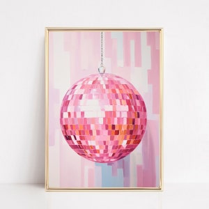 Póster con impresión de bola de discoteca rosa, estilo pastel ruborizado, estilo preppy, con bola de espejos, pintura de acuarela, arte de pared bohemio, decoración de habitación femenina para fiestas, lienzo enmarcado