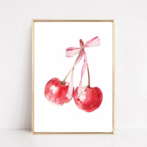 Coquette Cherries Bow Print Cherry Aesthetic Pastel Preppy Red Fruit Poster Boho Food Wall Art Blush Girly Kitchen Decor Canvas or Framed