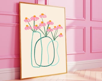 Floral Vase Preppy Print Pastel Pink Blush Modern Maximalist Wall Art Dorm Colorful Boho Girls Nursery Room Decor Frame Canvas Flower Poster