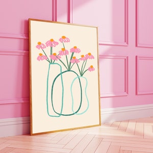 Jarrón floral con estampado preppy en rosa pastel ruborizado, arte de pared maximalista moderno para dormitorio, colorido bohemio, decoración para habitación de niñas, marco de lienzo con póster de flores