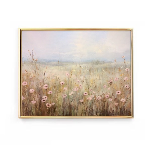 Blush Wildflower Field Print Pastel Soft Vintage Meadow Watercolor Painting Poster Boho Wall Art Trendy Living Room Decor Framed or Canvas