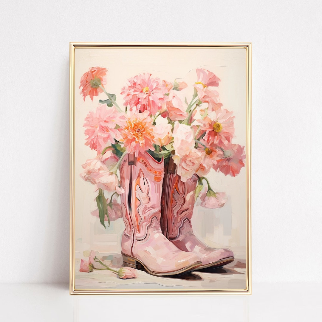Pink Cowgirl Boots Print Coastal Decor Painting Poster Western Boho