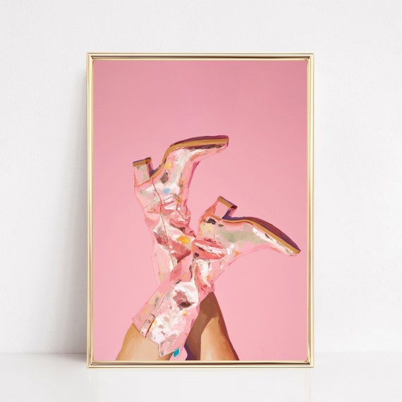 Pink Cowgirl Boots Print Howdy Preppy Western Poster Country Painting Boho Wall Art Trendy Decor Teen Girly Dorm Room Prints Framed Canvas