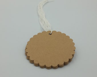 Circle Scallop Tags, 50 Tags, String Included, Product Tags, Jewelry Tags, Brown, Kraft, Party Favor Tags, Wedding Tags, Tags, Scallop Tags