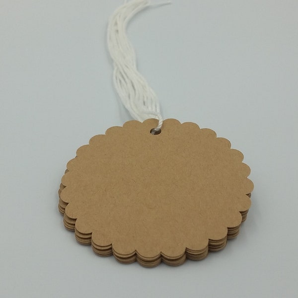 Circle Scallop Tags, 50 Tags, String Included, Product Tags, Jewelry Tags, Brown, Kraft, Party Favor Tags, Wedding Tags, Tags, Scallop Tags