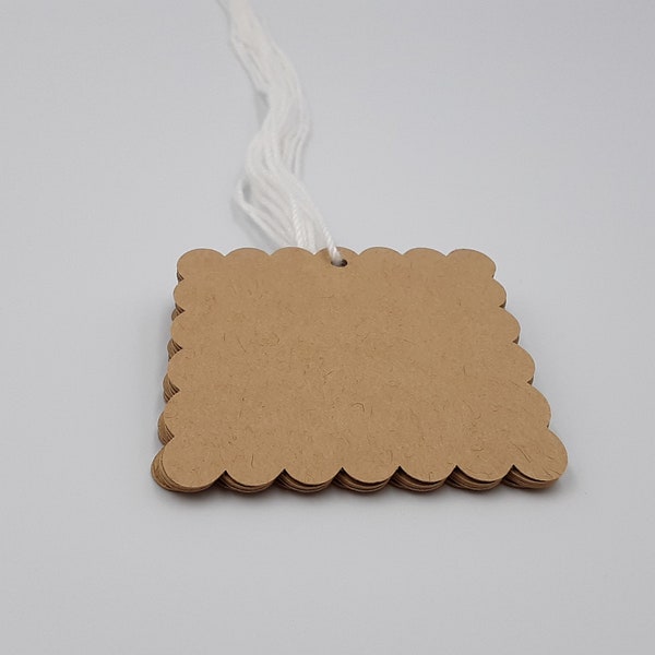 Square Scallop Tags, 50 Tags, String Included, Square Tags, Scallop Tags, Blank Tags, Party Favor Tags, Favor Tags, Kraft Tags, Brown, Kraft