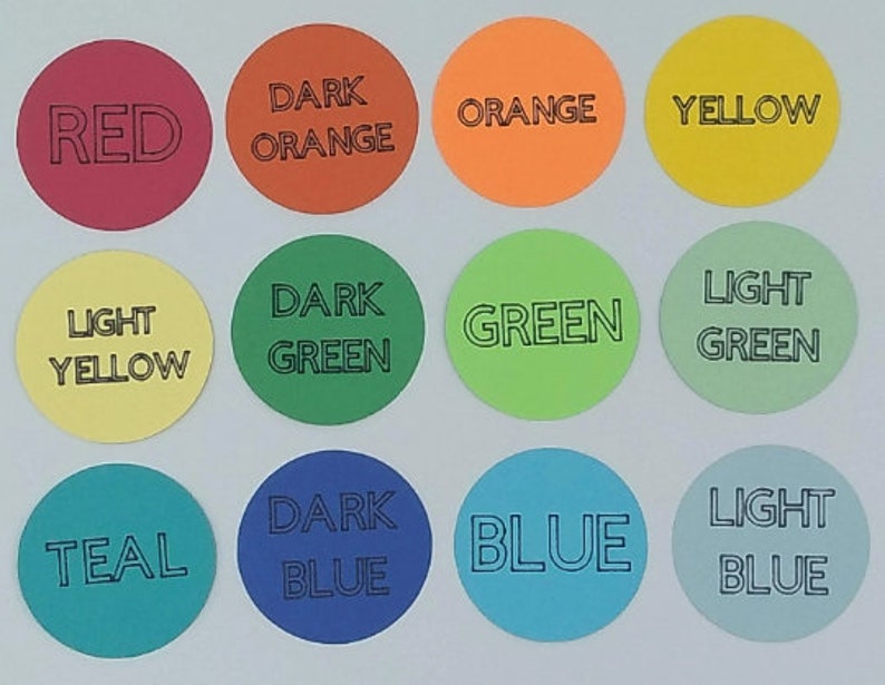 May include: Twelve color swatches in circles, each with a different color and the name of the color written in black text. The colors are red, dark orange, orange, yellow, light yellow, dark green, green, light green, teal, dark blue, blue, and light blue.