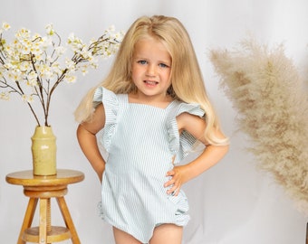 Freya's Sister - Mint stripe Lillie romper (ready to ship)